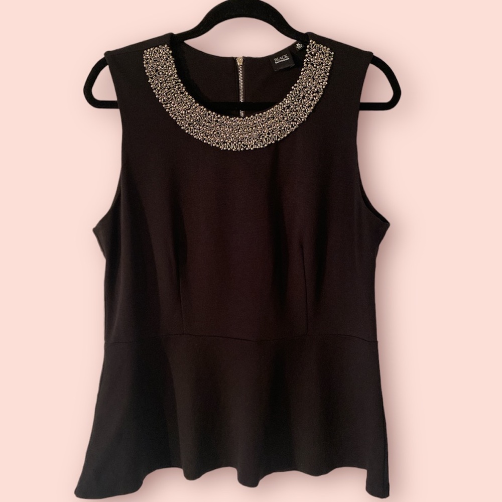 Black Saks Fifth Avenue Beaded Sleevless Peplum Top, Size XL, Back Zip.